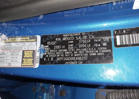 2022 Kia Forte Gt-Line из США, поврежденный, VIN 3KPF54AD6NE498210